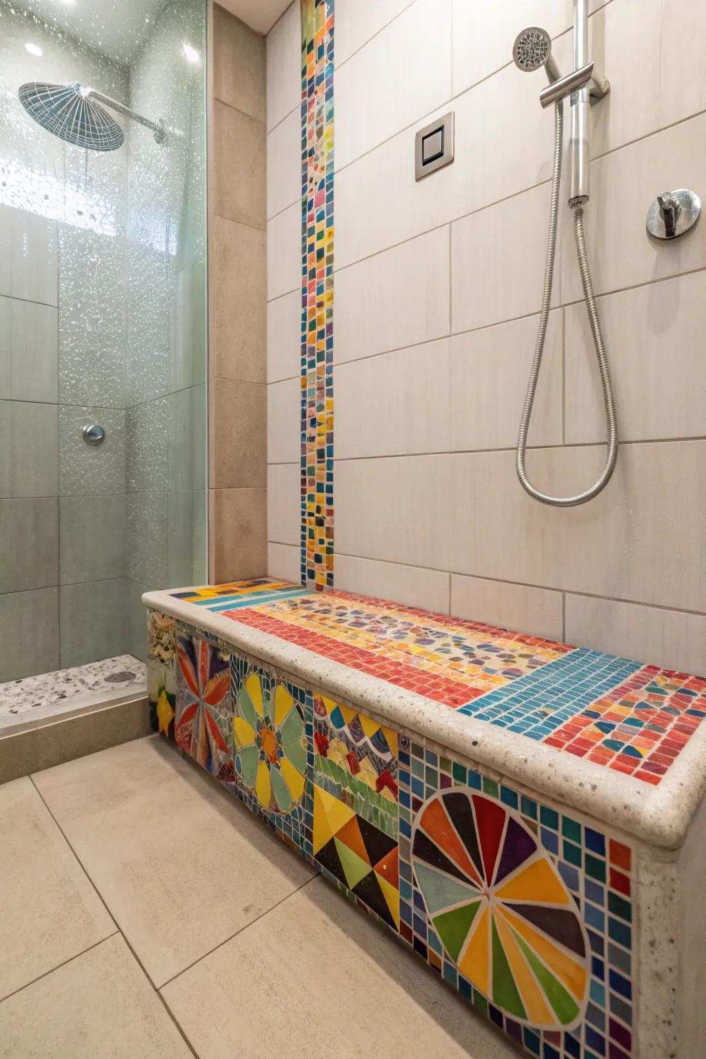 A vibrant mosaic tile bench adds a playful and distinctive touch to the shower.