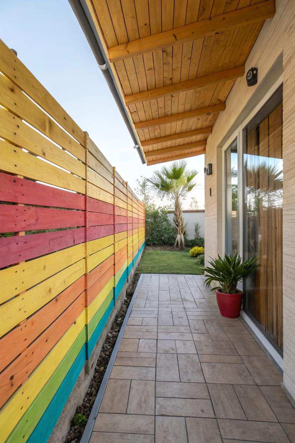 A vibrant patio background featuring painted timber panels.