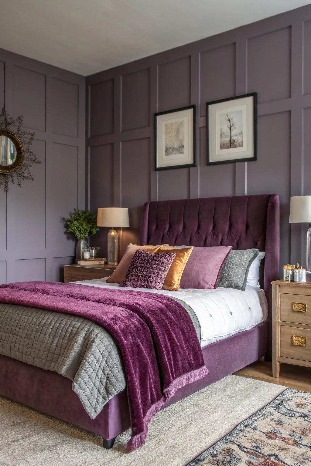 A vibrant purple statement wall paired with subtle grey shades creates a harmonious mix of drama and calm.