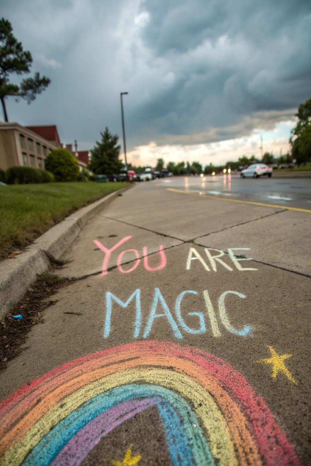 A vibrant rainbow chalk sketch alongside an inspiring message.