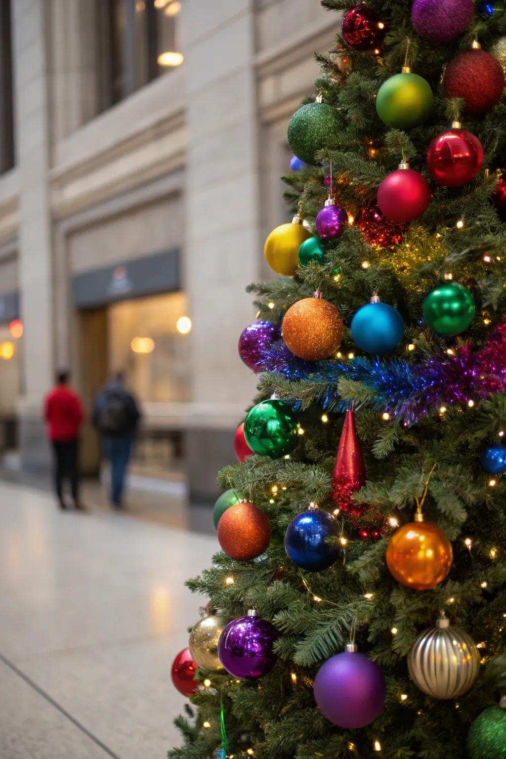 A vibrant rainbow-inspired Christmas tree.