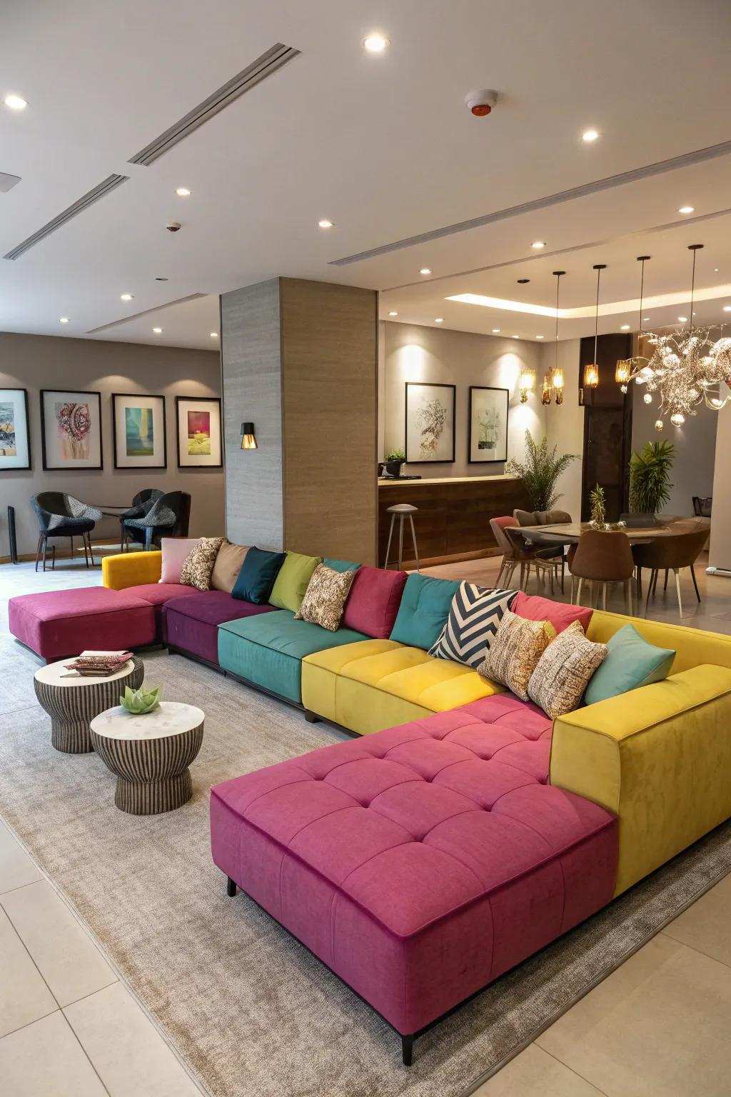 A vibrant sectional couch that acts as a magnificent focal point.
