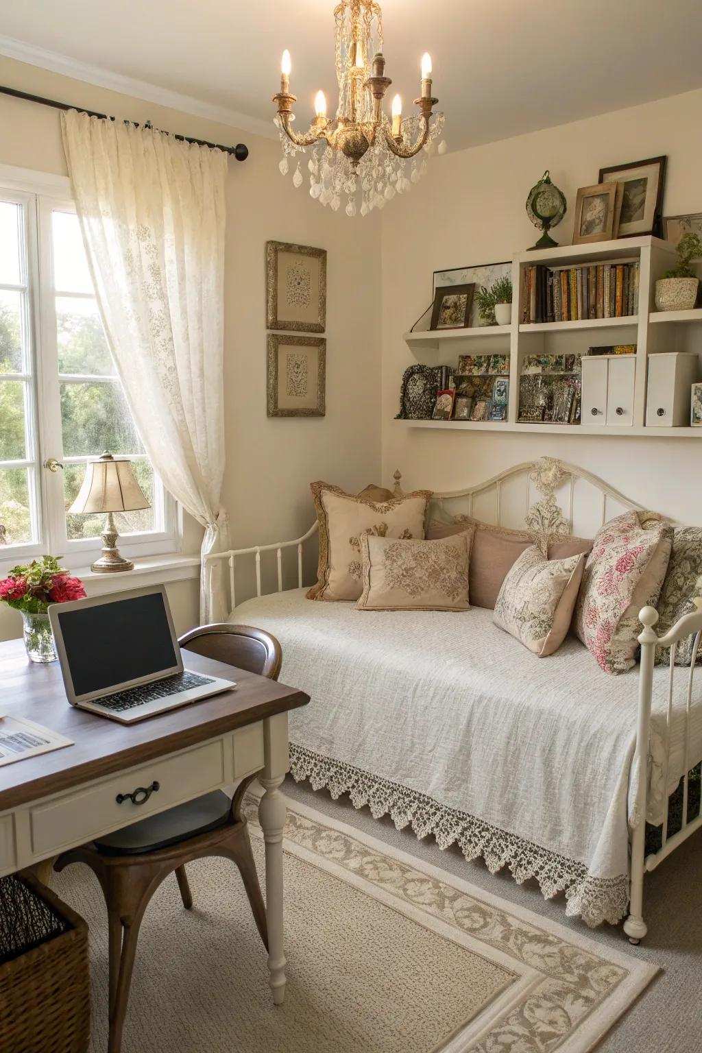 A vintage daybed introduces character and sophistication to any home office.