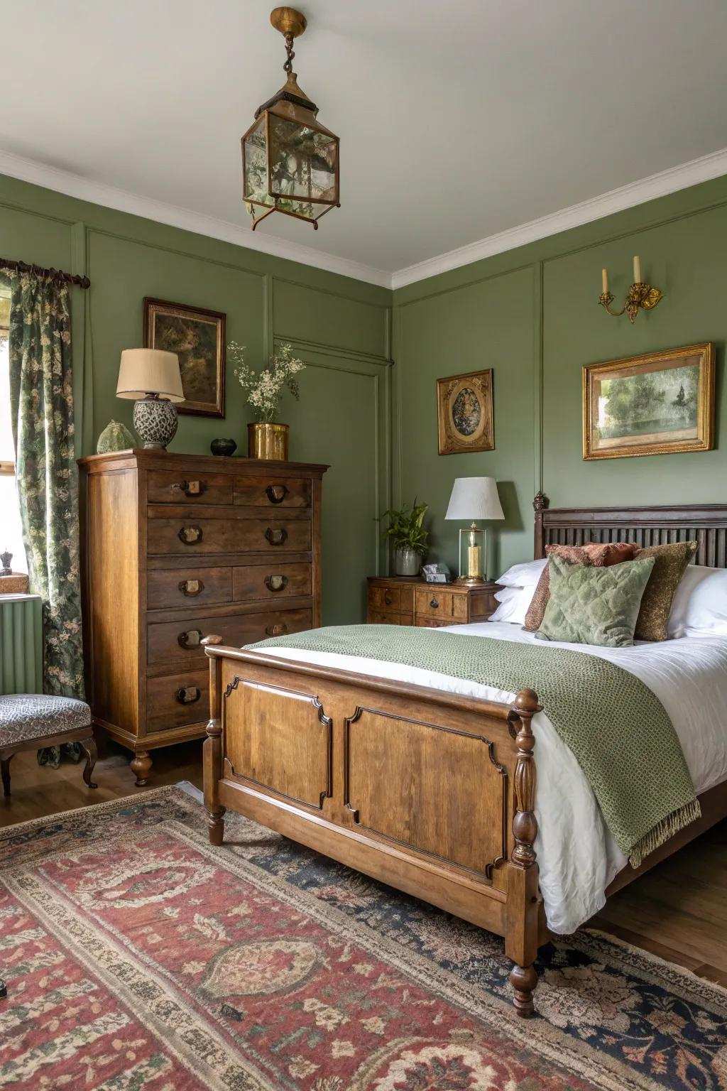 A vintage-inspired bedroom with shrub verdant walls and stylish brass touches.