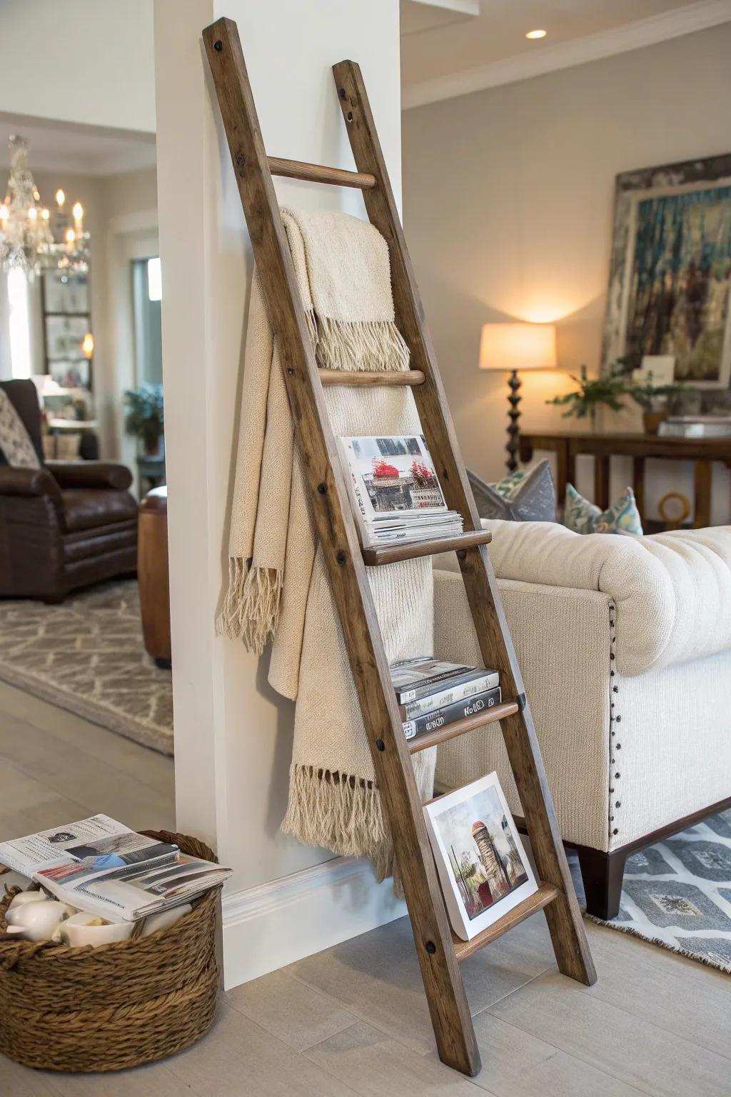 A vintage ladder repurposed as a decorative, yet functional, display element.