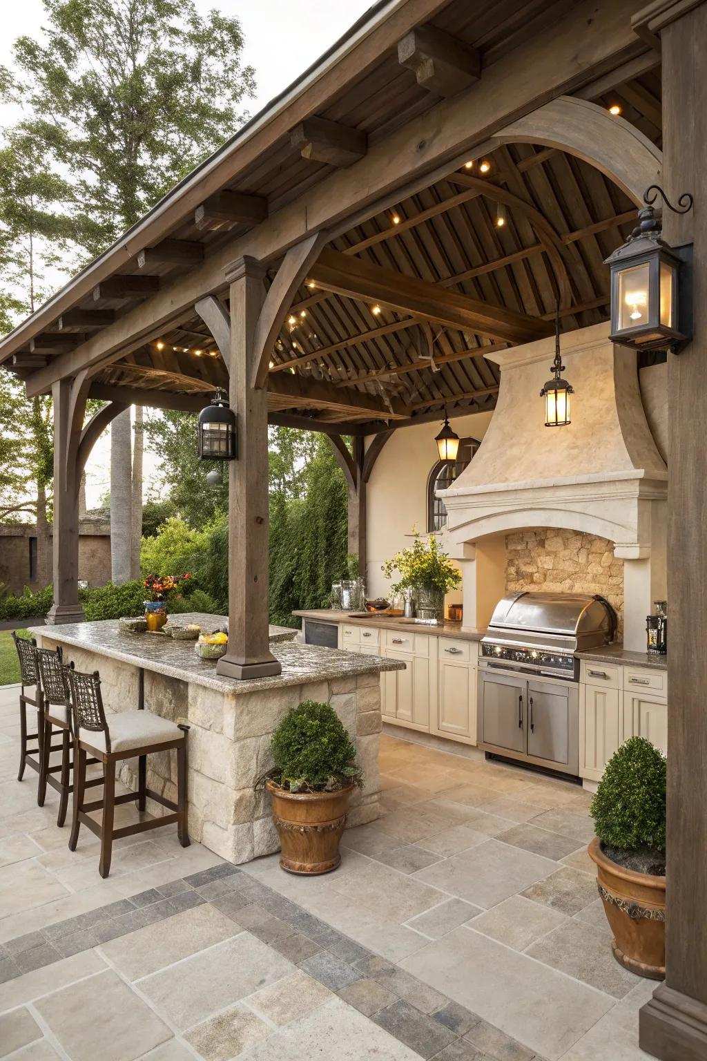 A vintage-themed gazebo introduces timeless elegance to your backyard cooking area.
