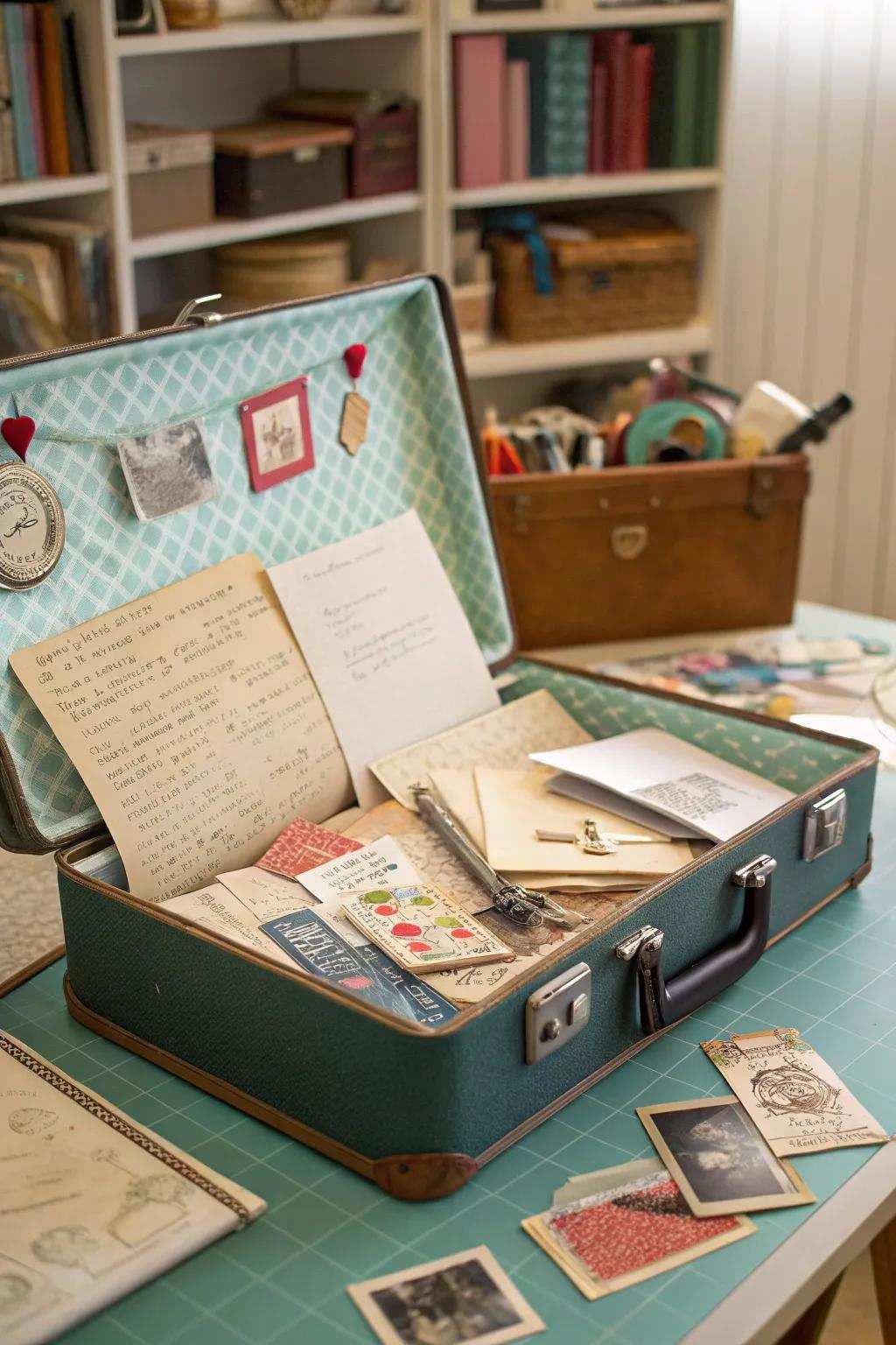 A vintage travel case offers a charming storage option.