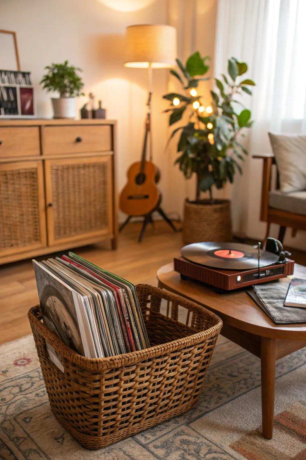 A vintage vinyl collection basket designed for music enthusiasts.