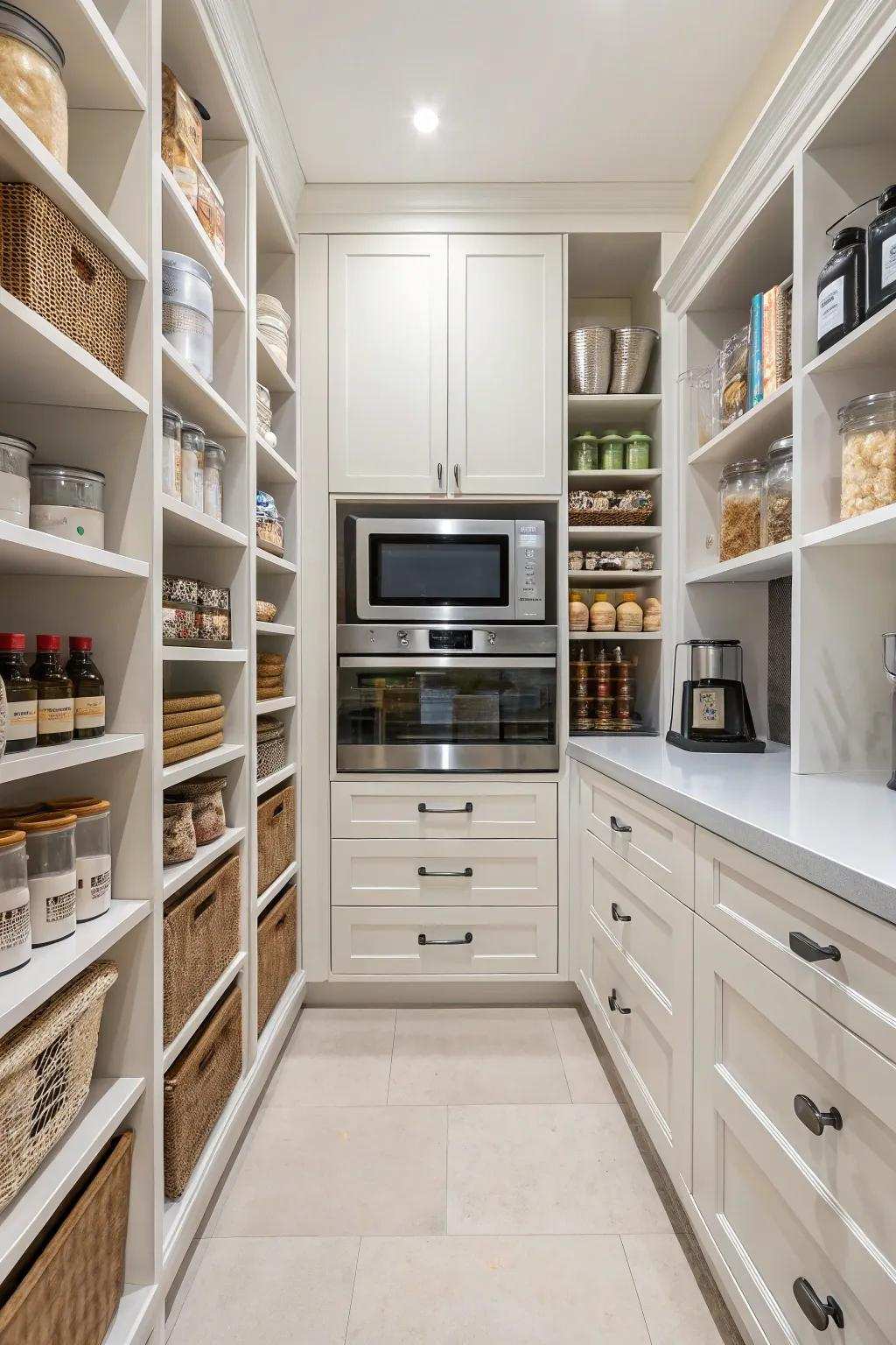 A walk-in pantry with a rapid food cooker helps your kitchen to be open and structured.