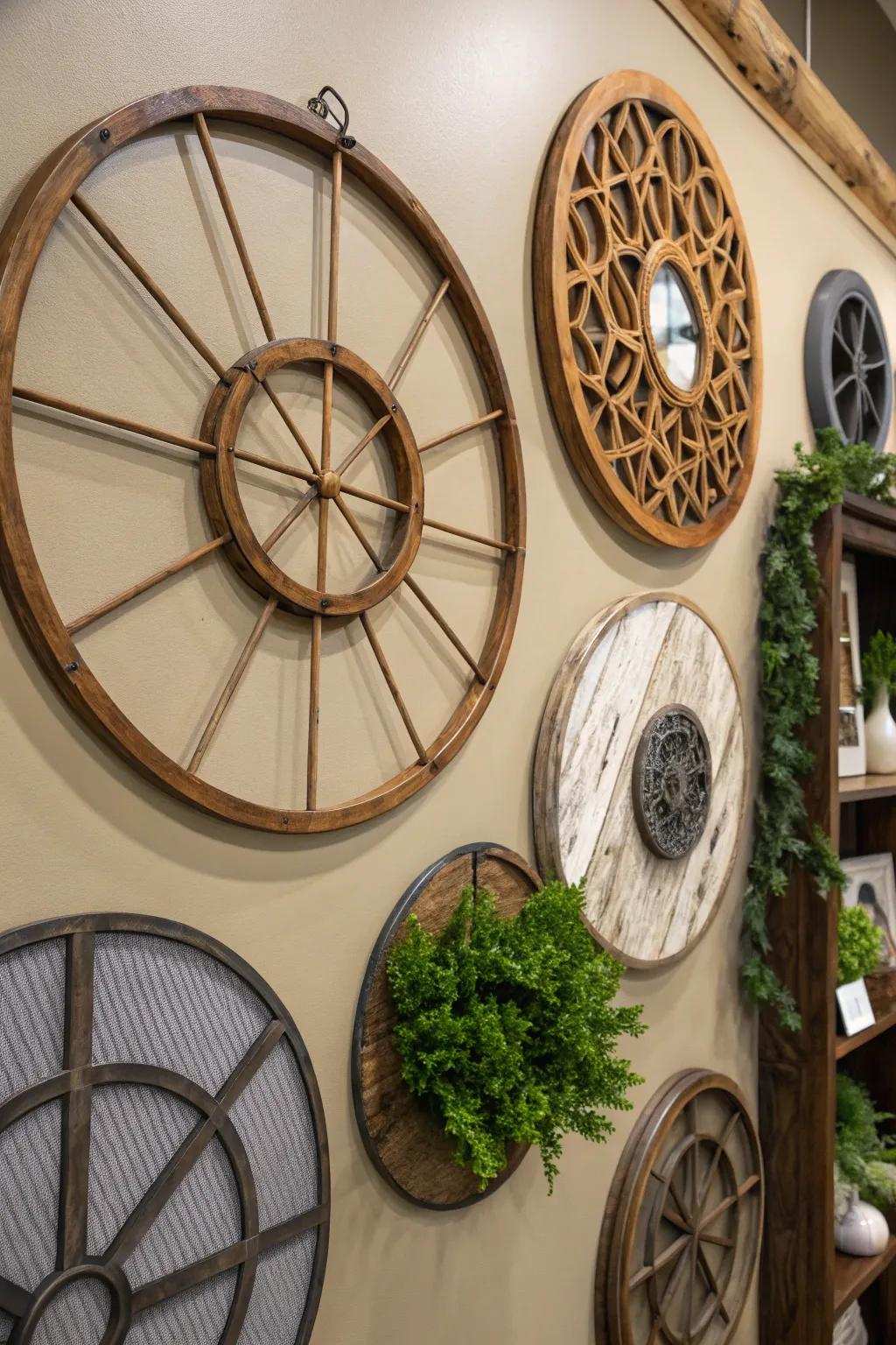 A wall showcasing a combination of different materials in its spherical decor, creating a textured appearance.