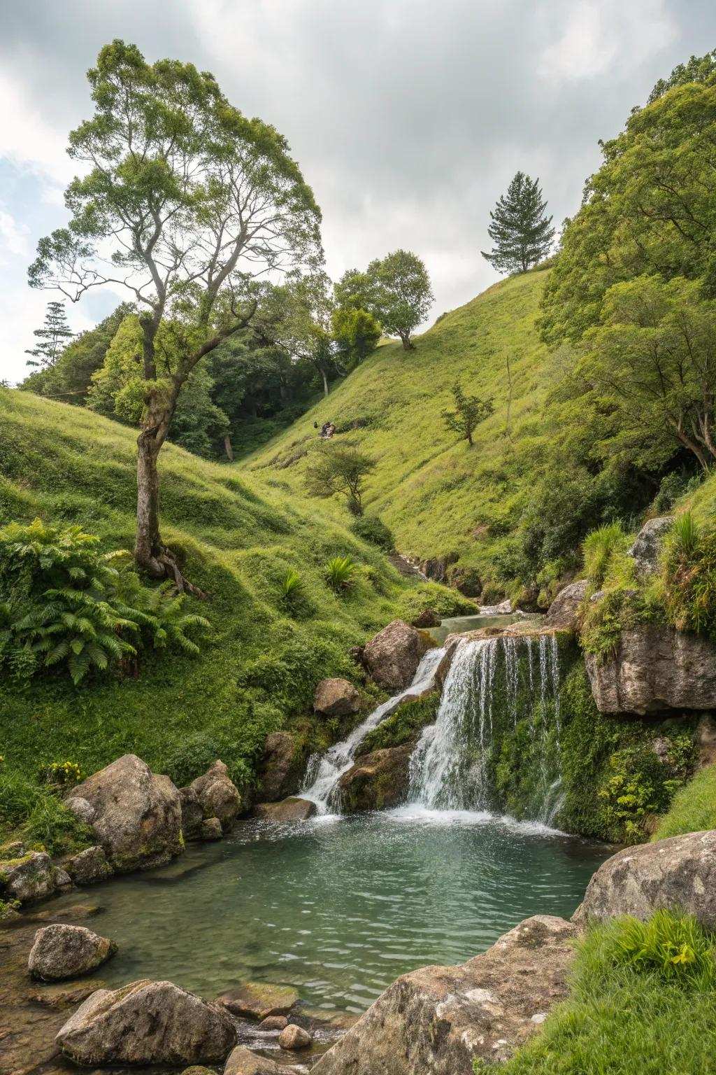 A water element inserts a tranquil feel into hillside landscapes.