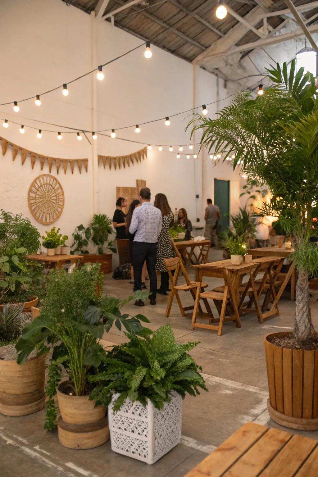 A welcoming indoor party showcasing natural inspired decoration.