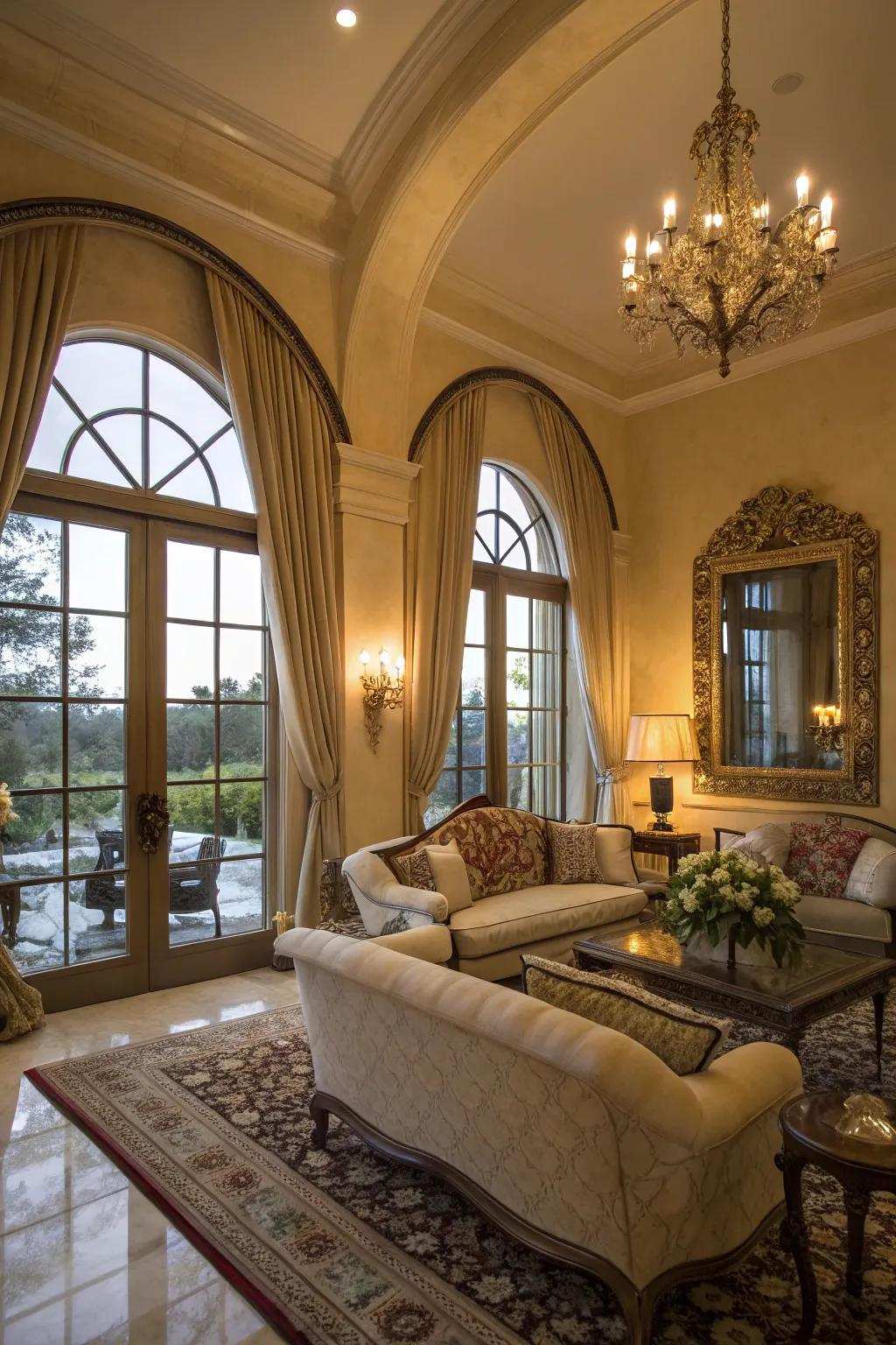 A welcoming living space enhanced by the refined nature of curved windows.