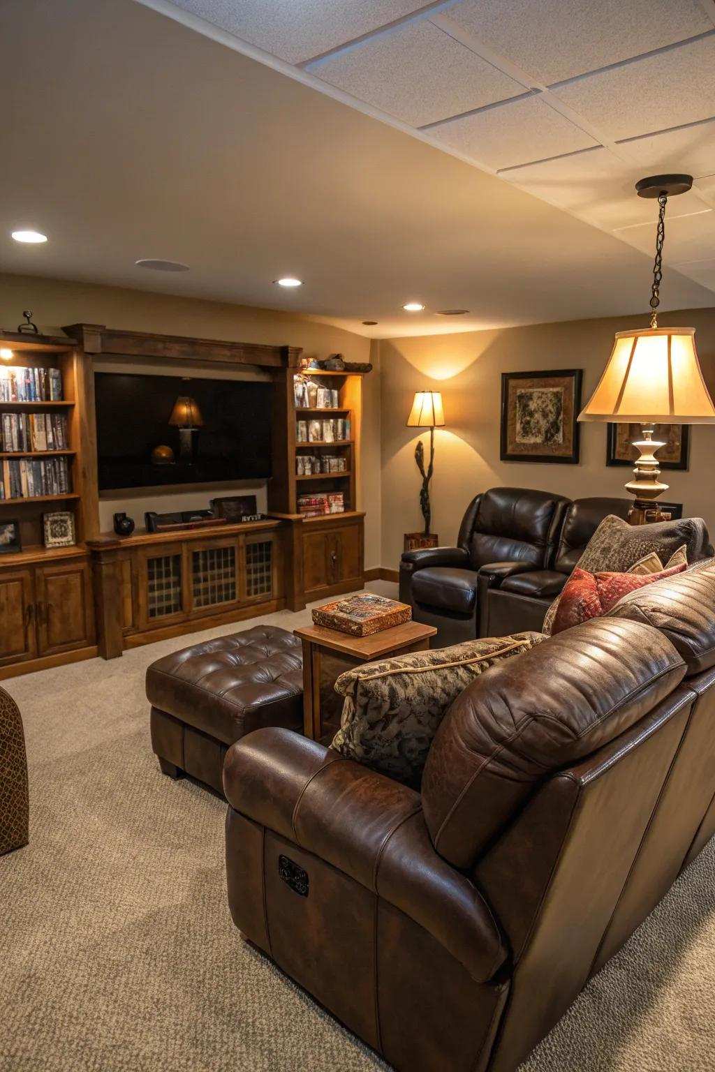 A welcoming man cave featuring a luxurious leather couch and recliners.