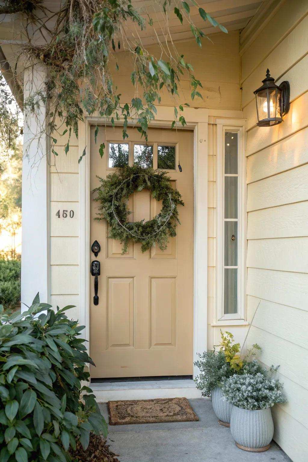 A welcoming winter garland on the front door