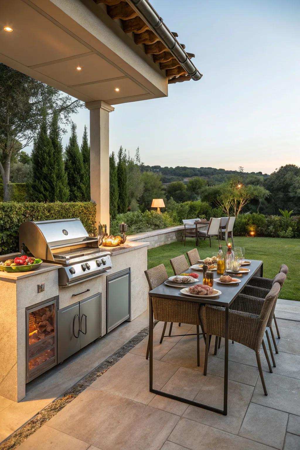 A well-appointed outdoor culinary space adjacent to a dining zone.