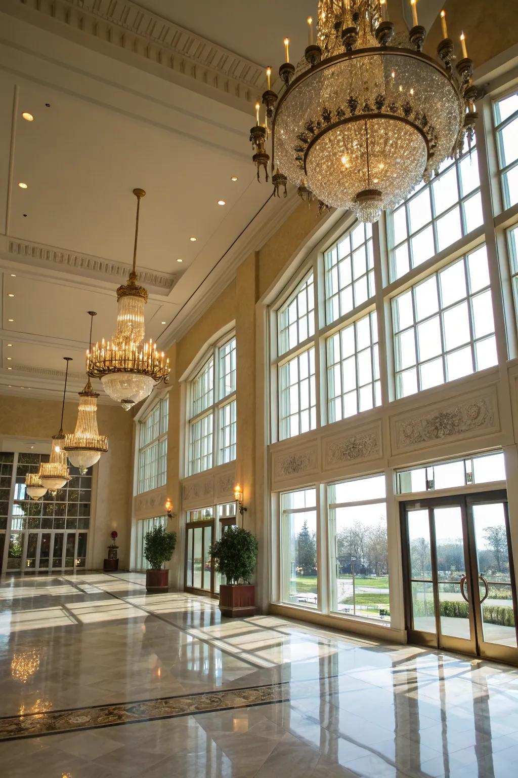 A well-lit grand entryway featuring a combination of natural and artificial illumination.