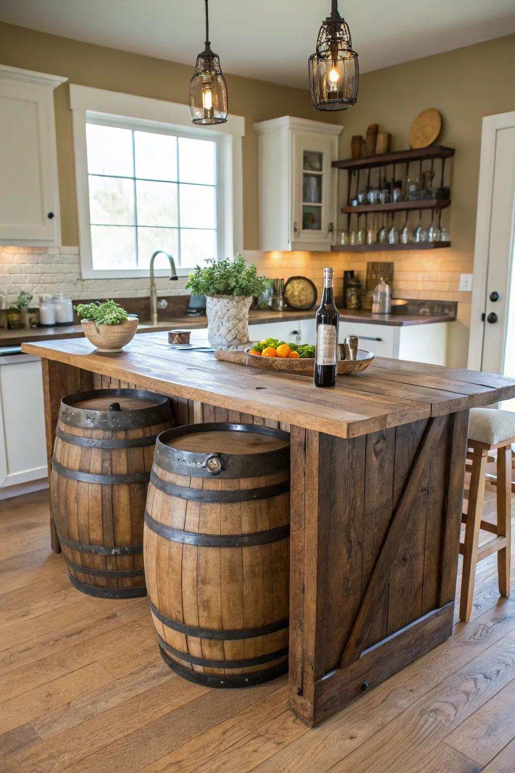 A whimsical countryside kitchen island constructed using repurposed wine barrels.