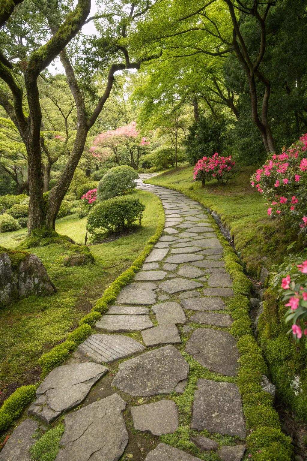 A whimsical rock path featuring moss for a storybook effect.