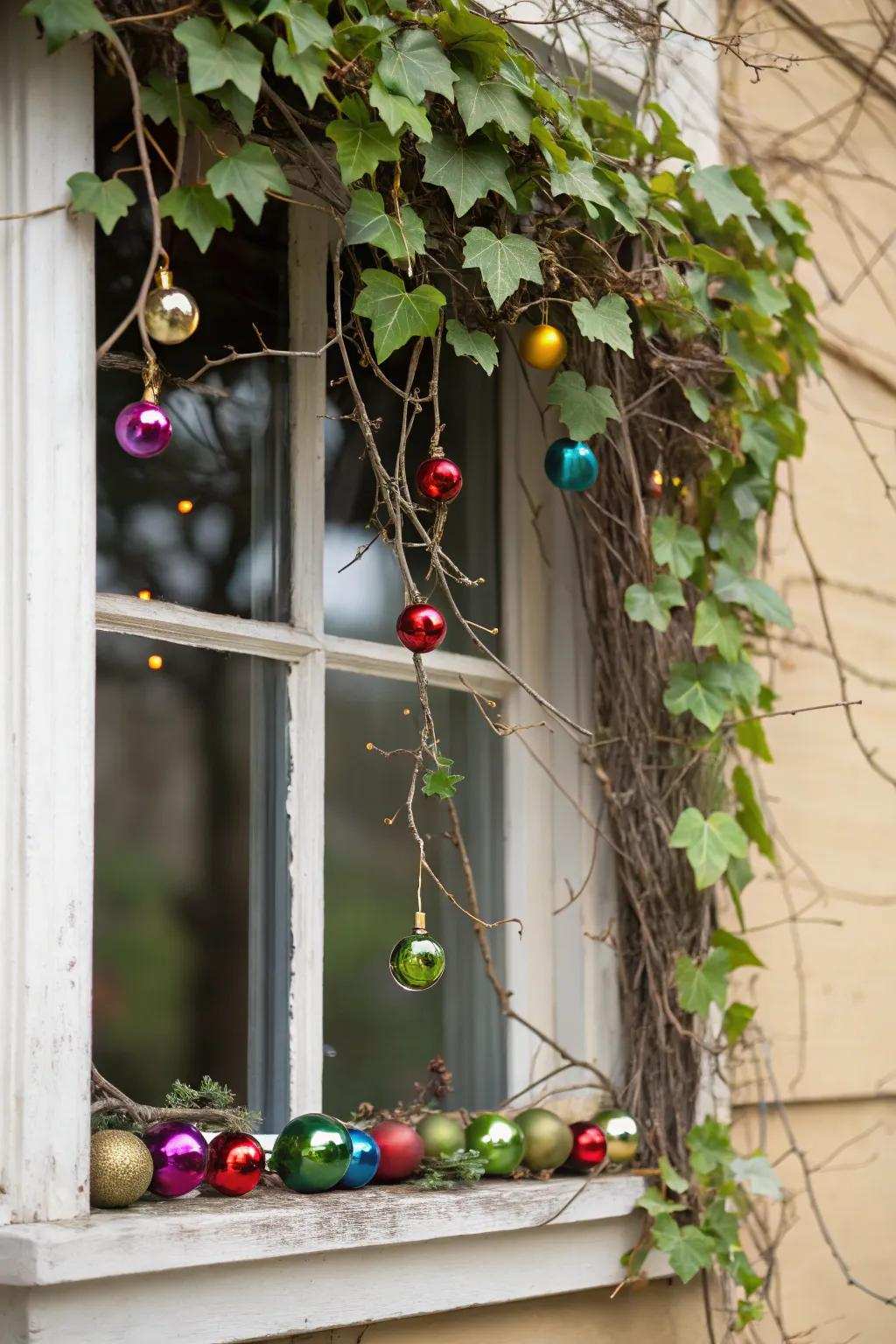 A whimsical window display with a playful grapevine arrangement.