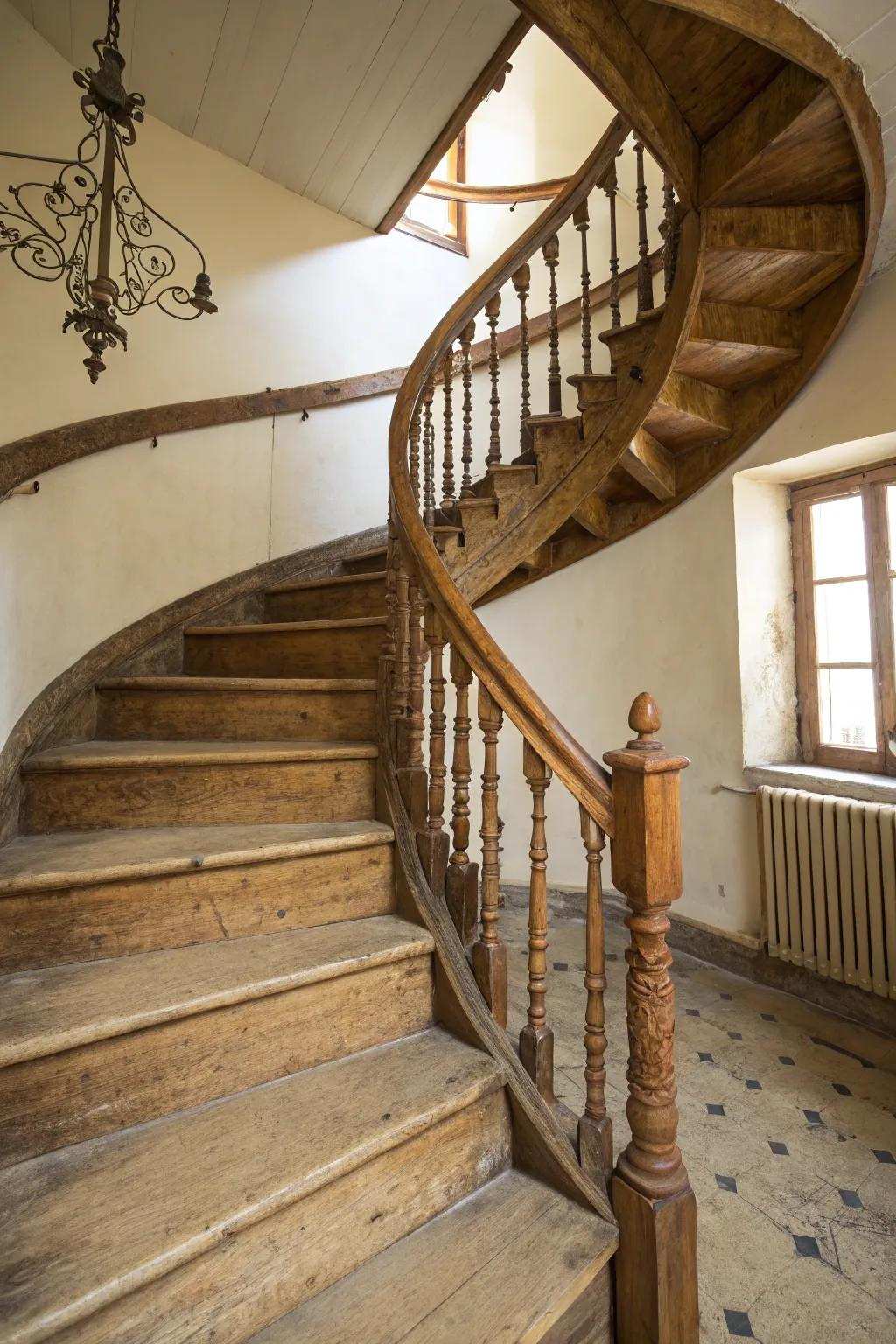A winding staircase that functions as a space-saving yet striking point of focus using country charm.