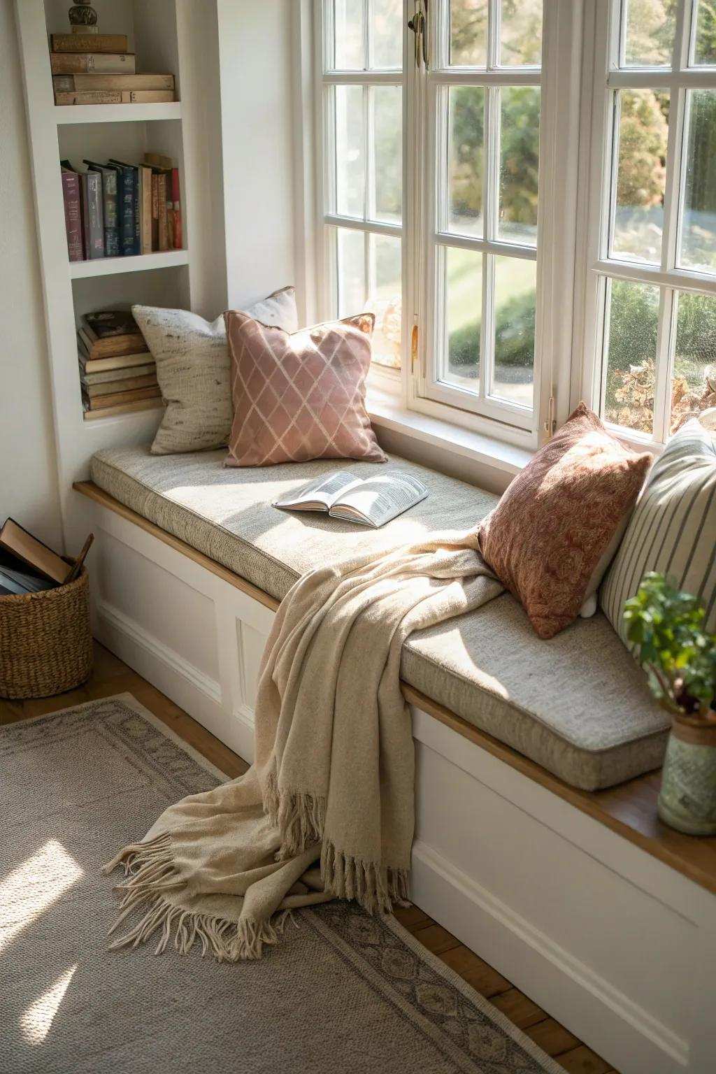 A window bench forms a relaxing corner nook.