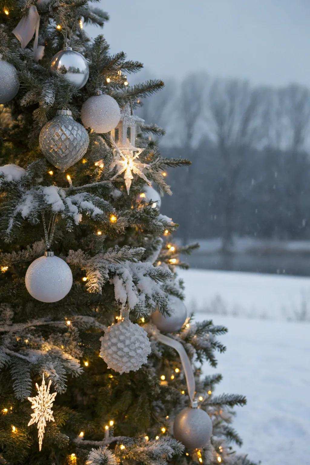 A winter wonderland-inspired Christmas tree, decked out in white and silver ornaments.