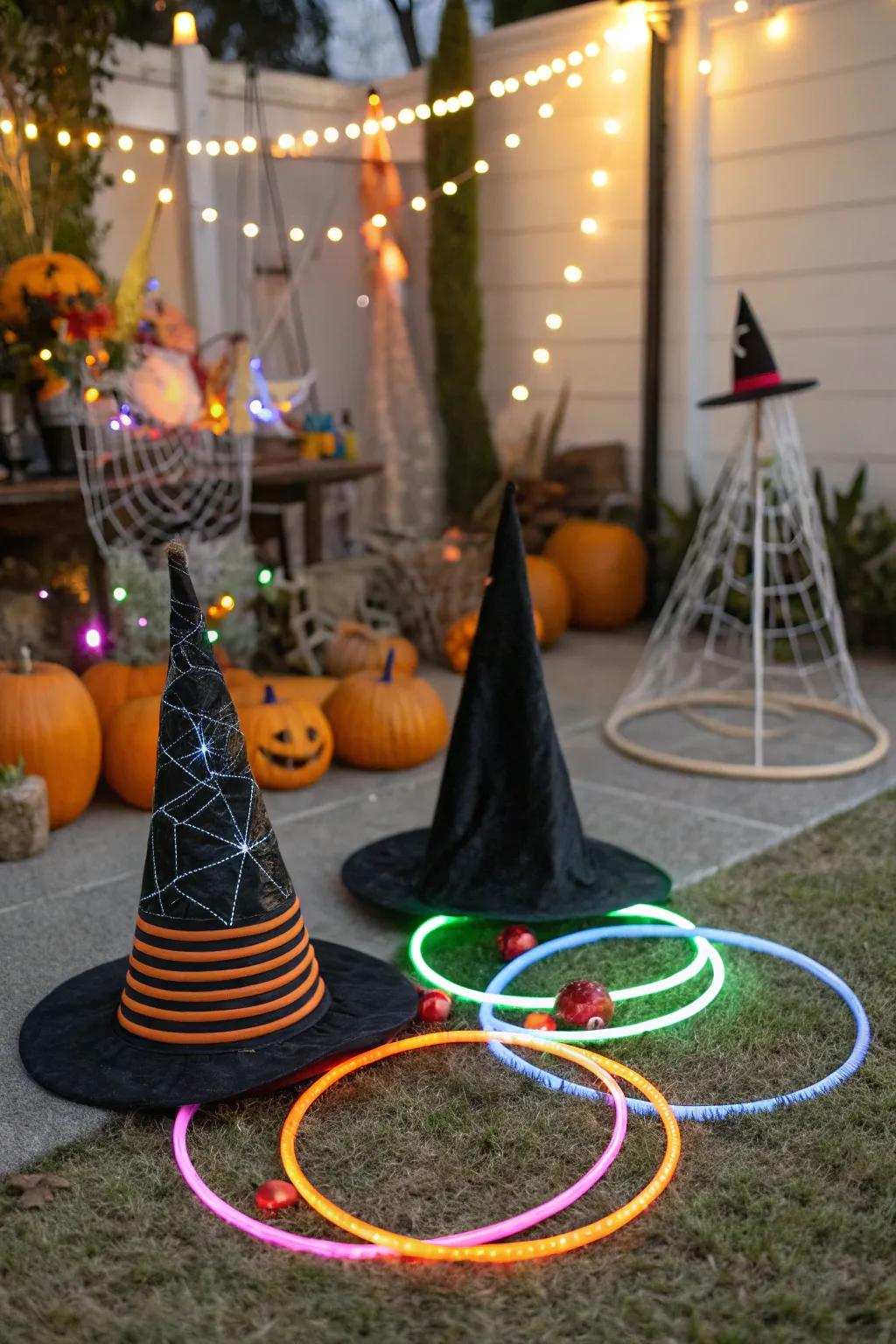 A witch headwear circle toss game introduces playful pleasure to the celebration.