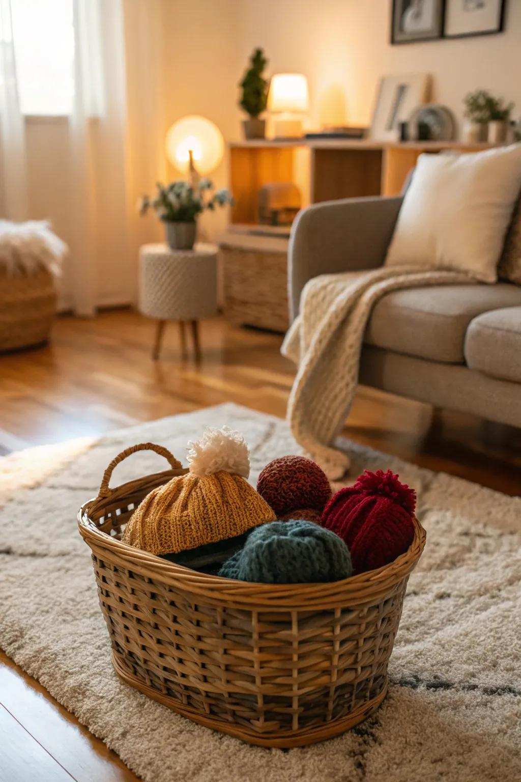 A woven basket adds a tactile element to your head hugger display.