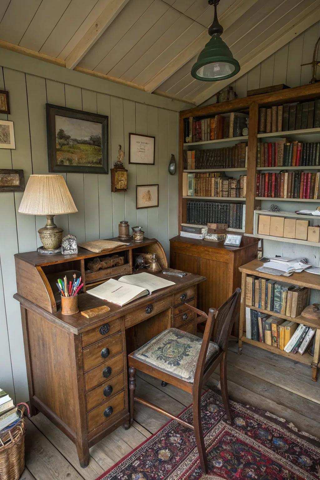 A writing shed abundant with vintage allure and character.
