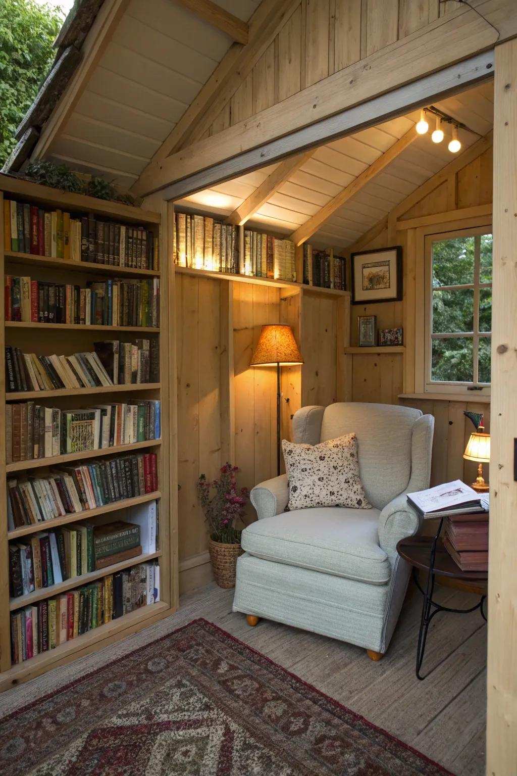 A writing shed featuring a cozy reading nook, ideal for literary inspiration.