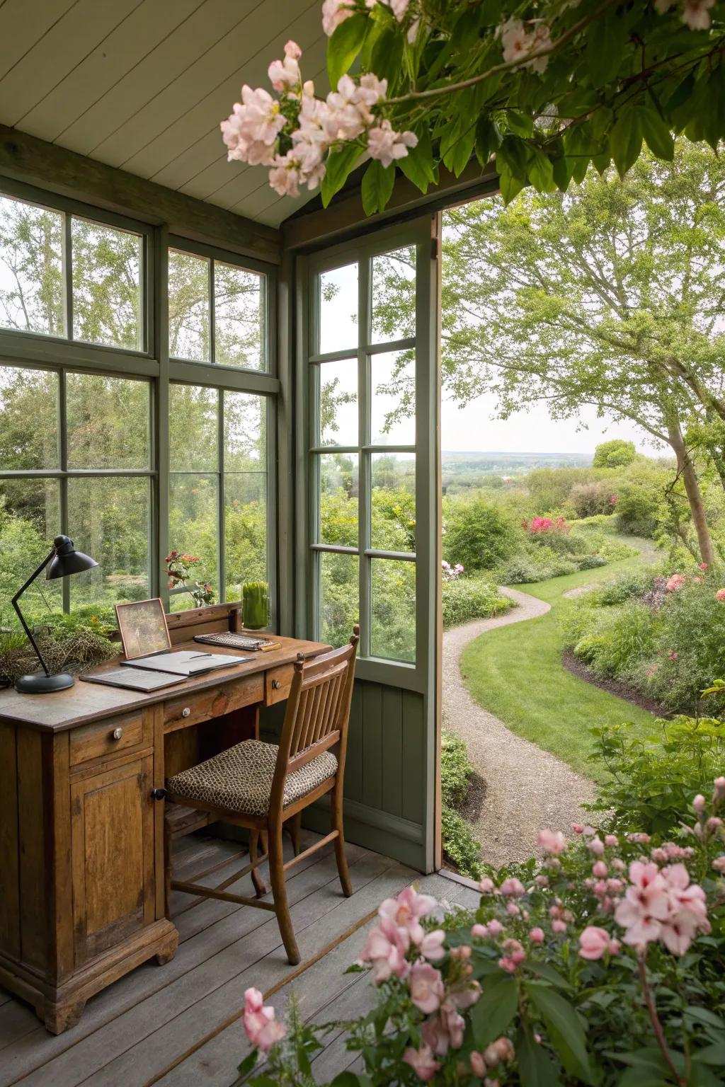 A writing shed featuring extensive windows, flawlessly integrating with the natural world.