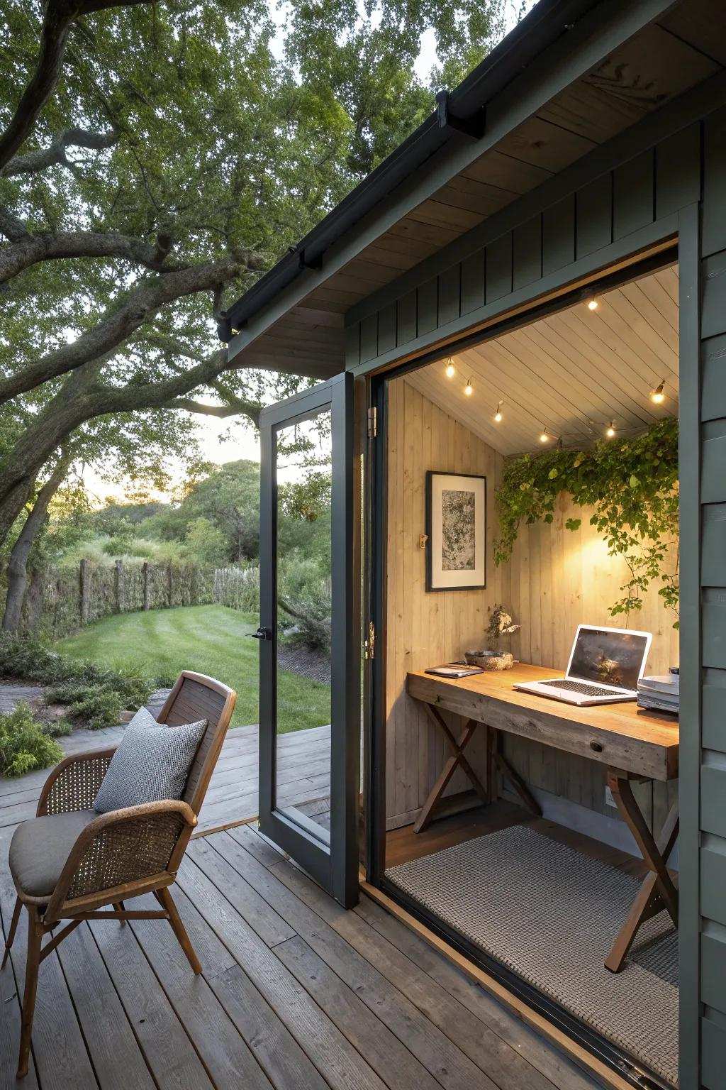 A writing shed seamlessly extending into an outdoor office setting.