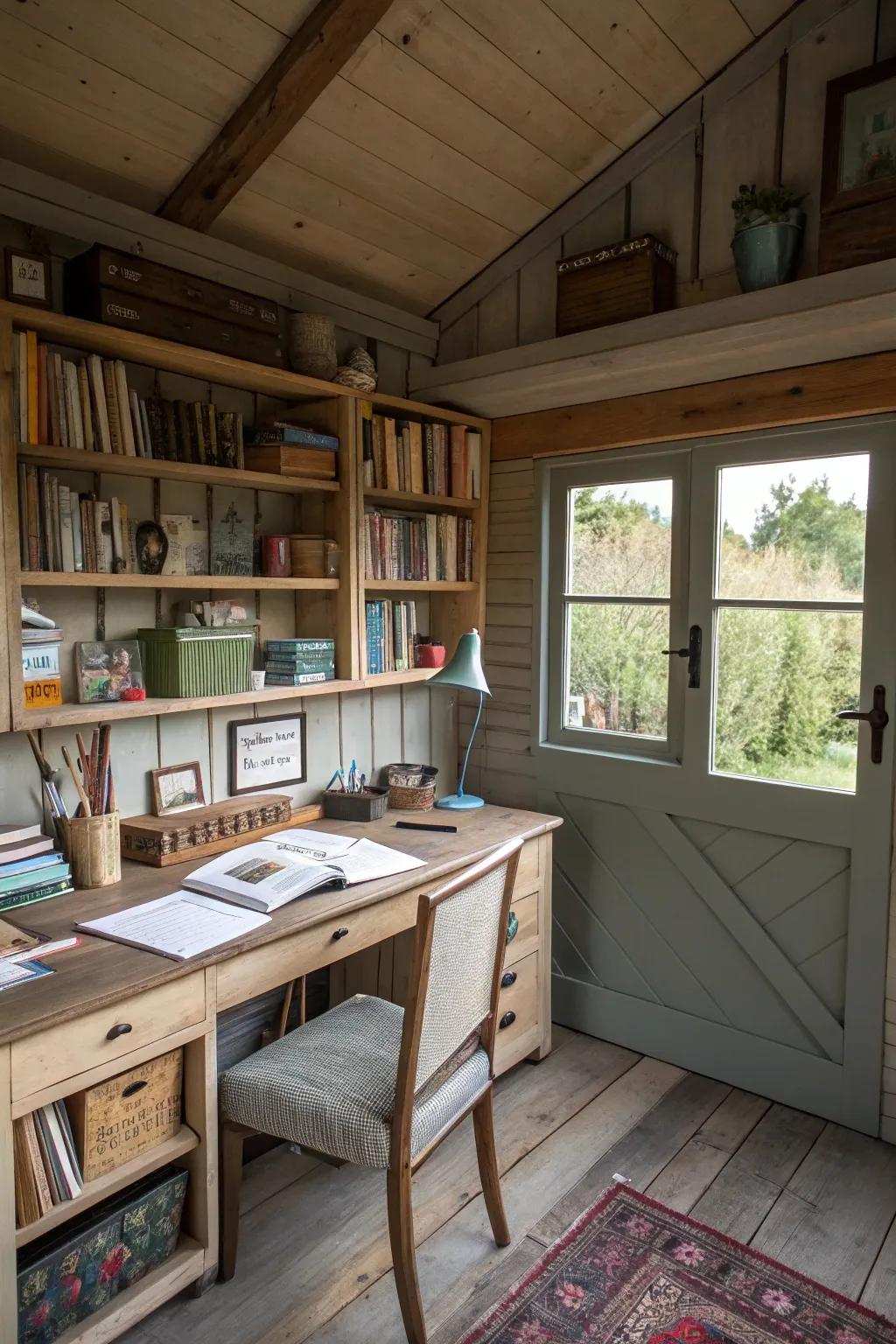 A writing shed styled with utility decor for optimal space usage.