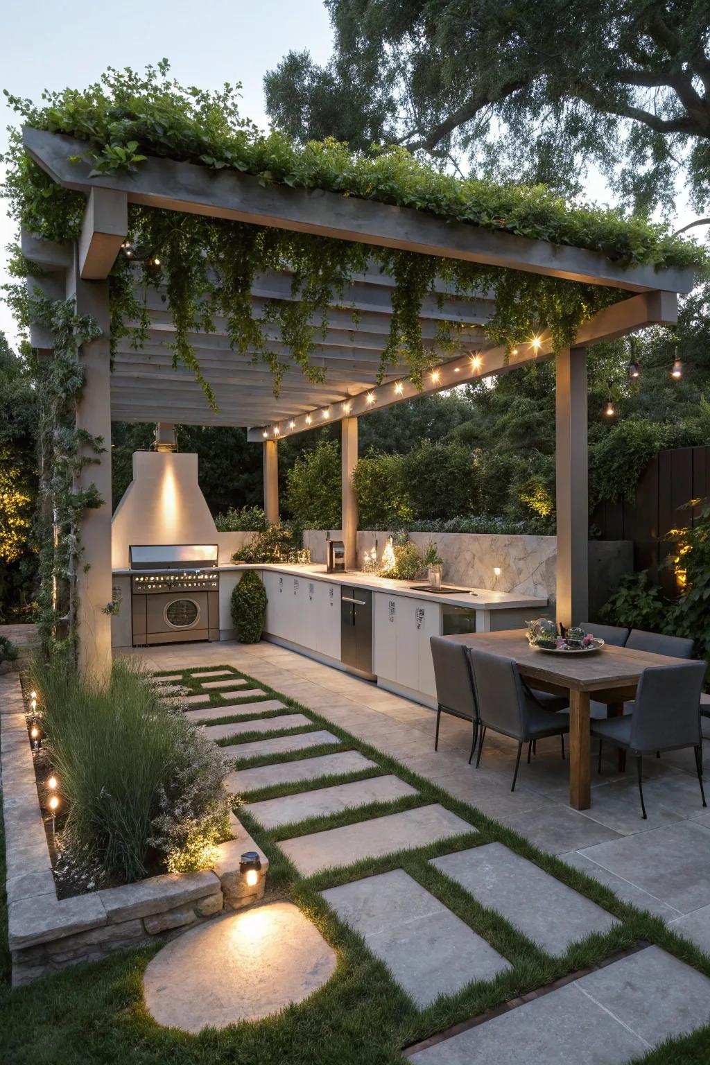 A Zen garden arbor cultivates a peaceful and harmonious open-air cooking area.