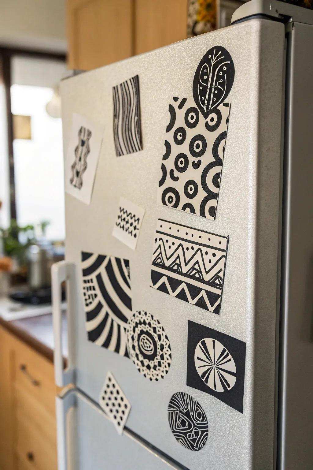 Abstract art stickers infusing flair into a kitchen appliance.
