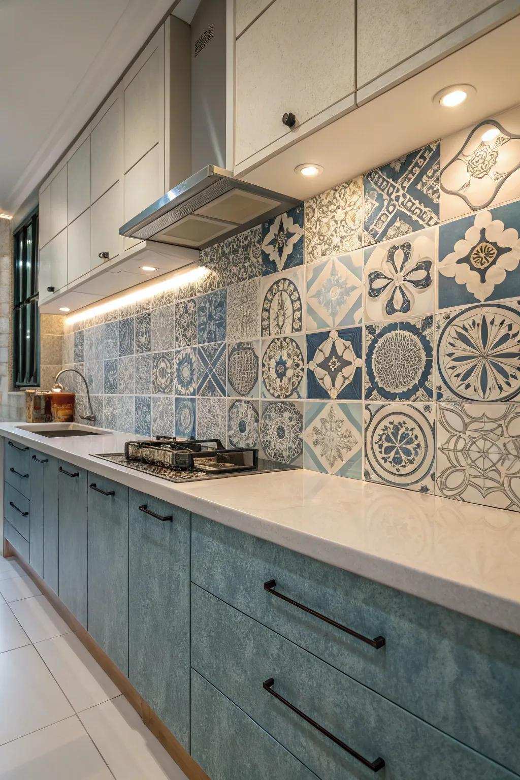 Abstract patterned tiles impart an artistic flair to this kitchen wall.