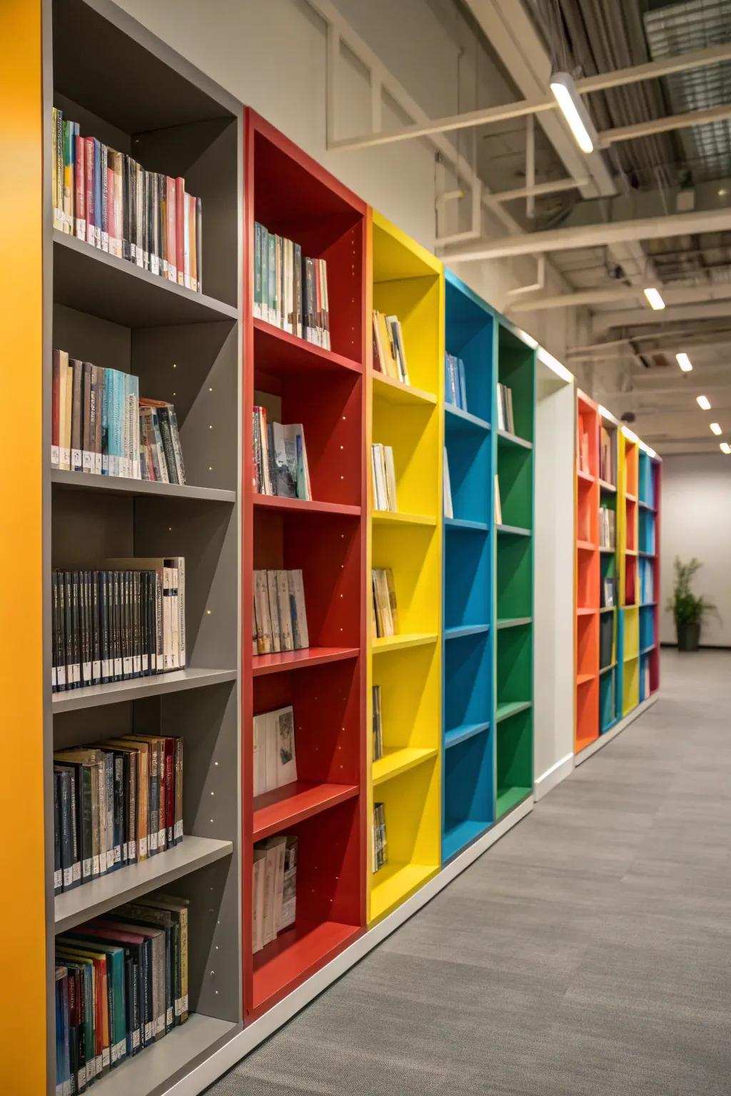 Accent colors inject vibrancy into bookshelves.