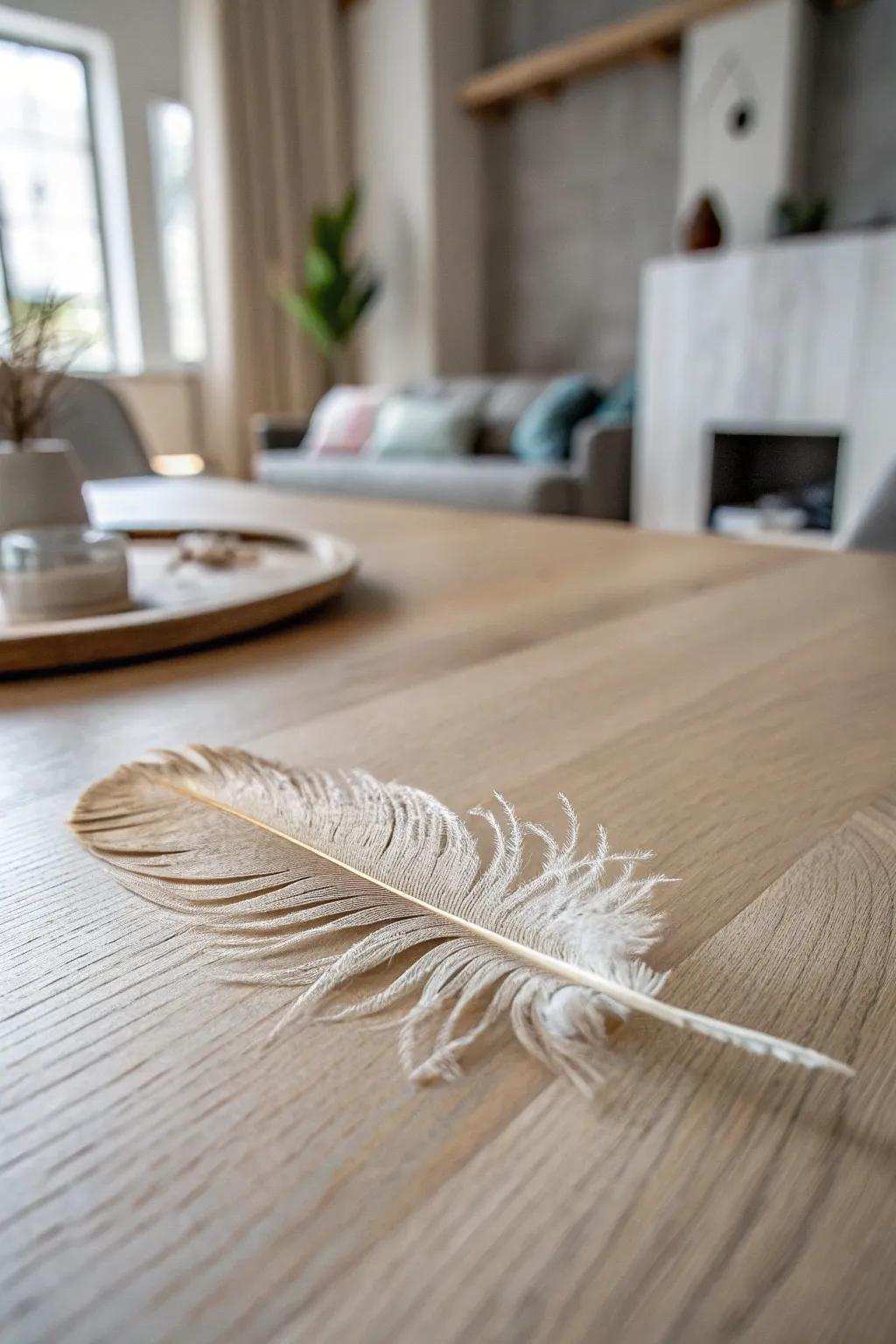 Accept the gentle caress of nature with a solitary feather, where minimalism fulfills bohemian appeal.