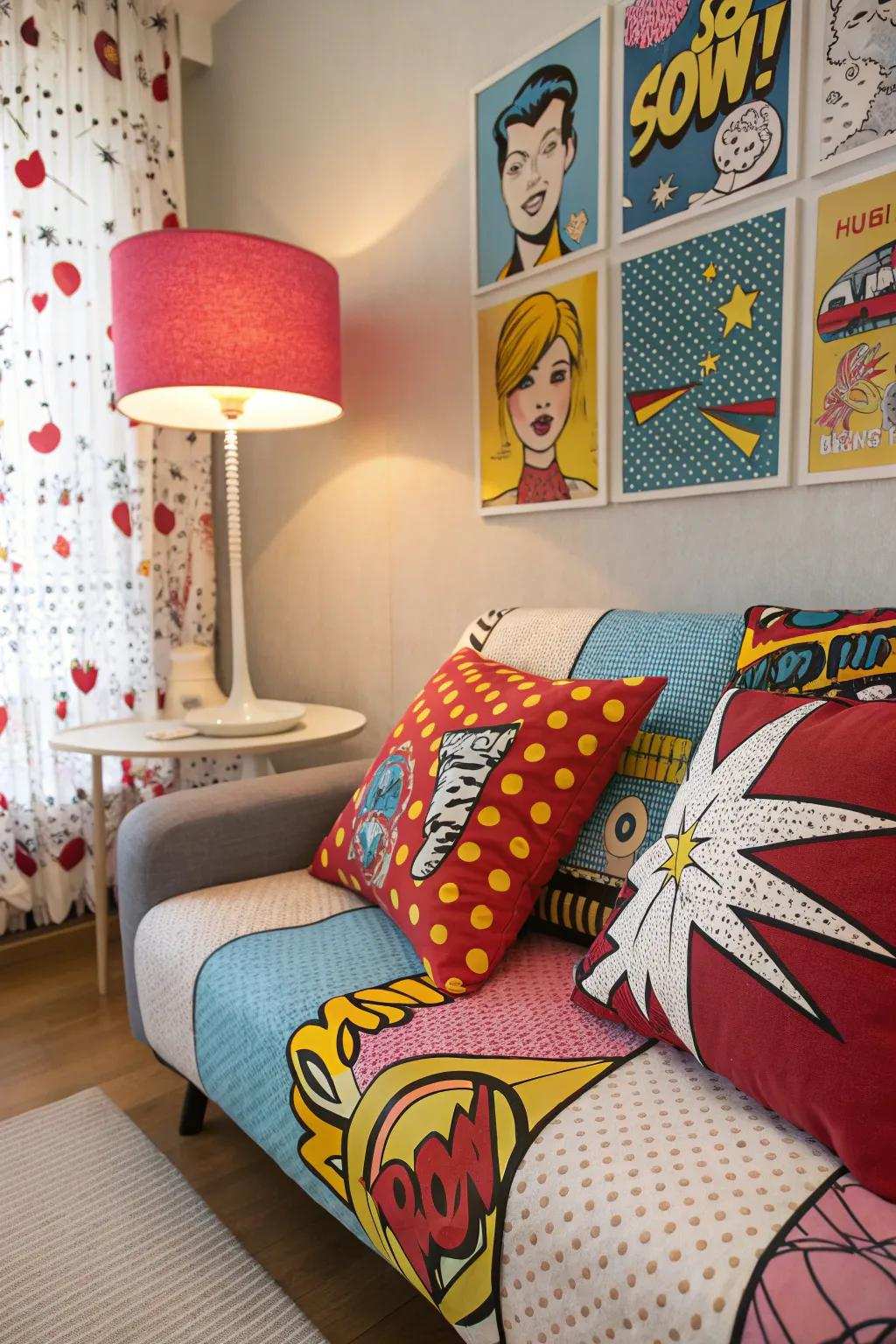 Accessory pieces complete the pop art aesthetic.