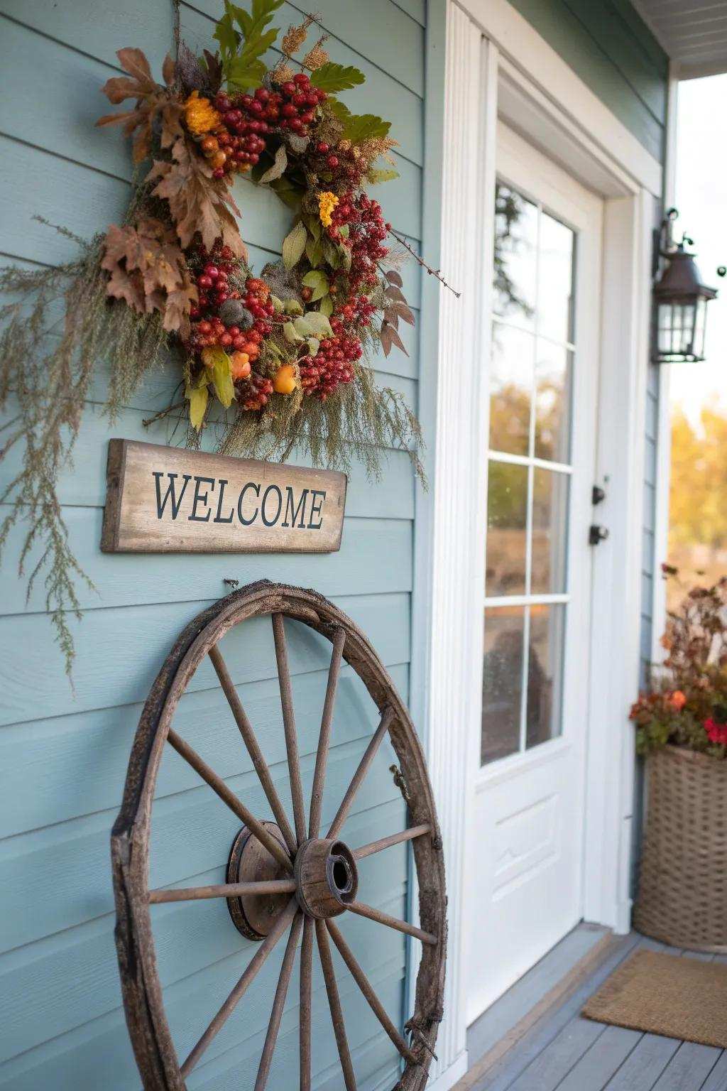 Accompanying a chaplet, a cart wheel serves as a delightful welcome symbol.