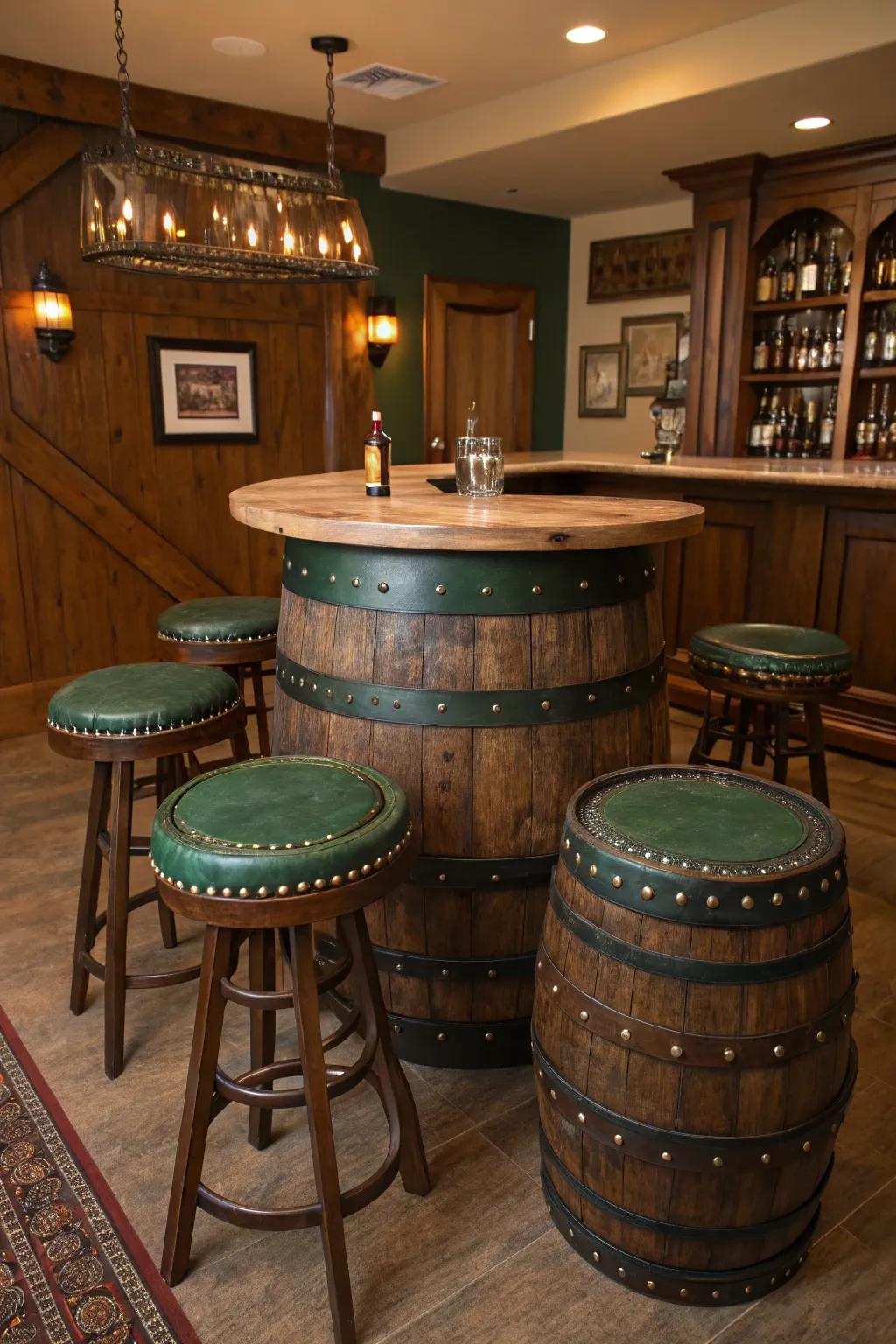 Achieve a harmonious bar arrangement using cask-inspired stools that blend design and relaxation effortlessly.