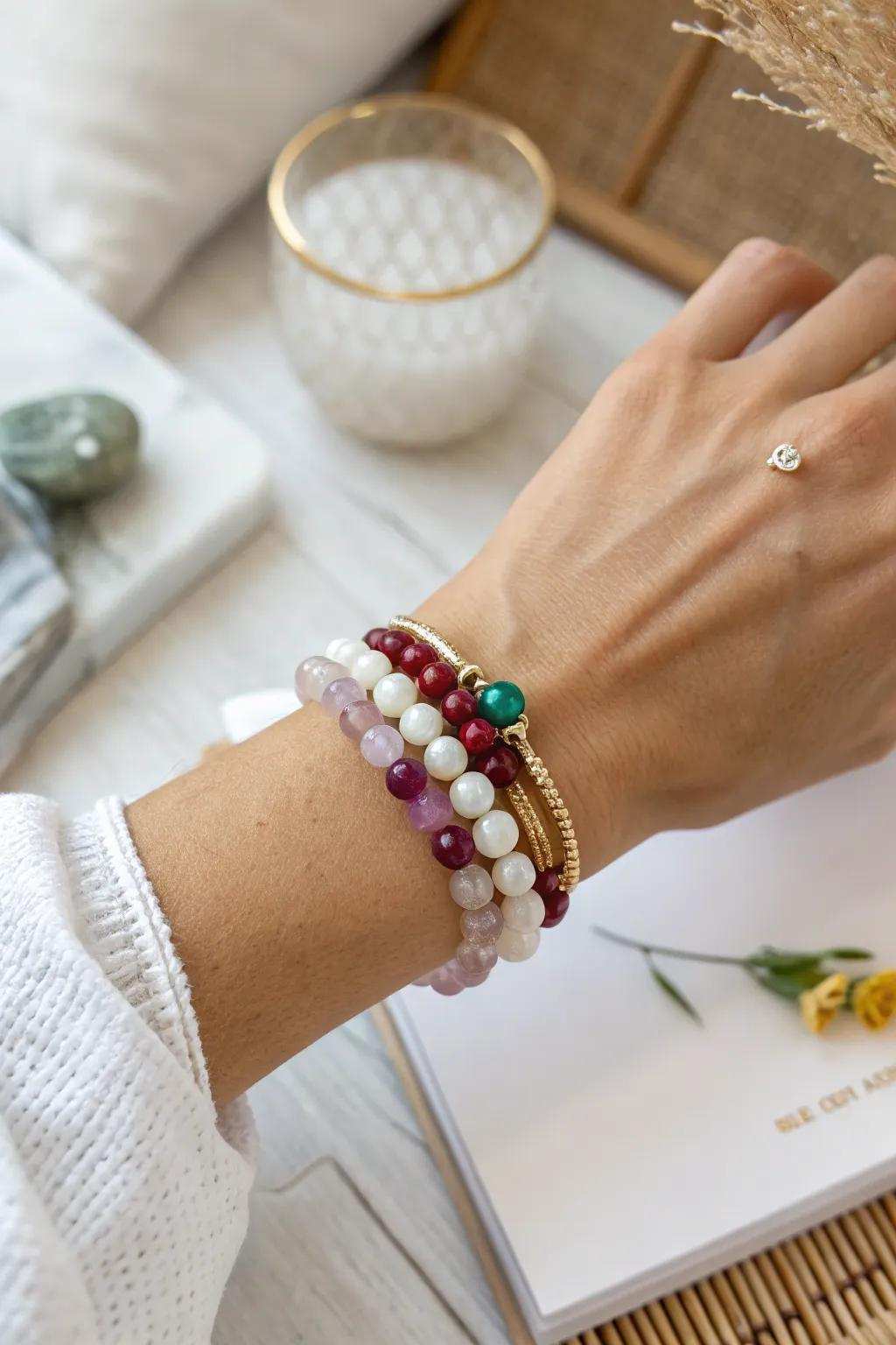 Add a splash of color to your day with a vibrant precious stone wristband, ideal for a minimalist approach to boho elegance.