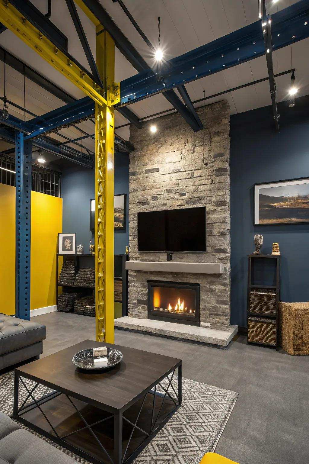 Add an urban sharpness to your family room using a stone fireplace and industrial accents. #IndustrialStyle #HomeDecor