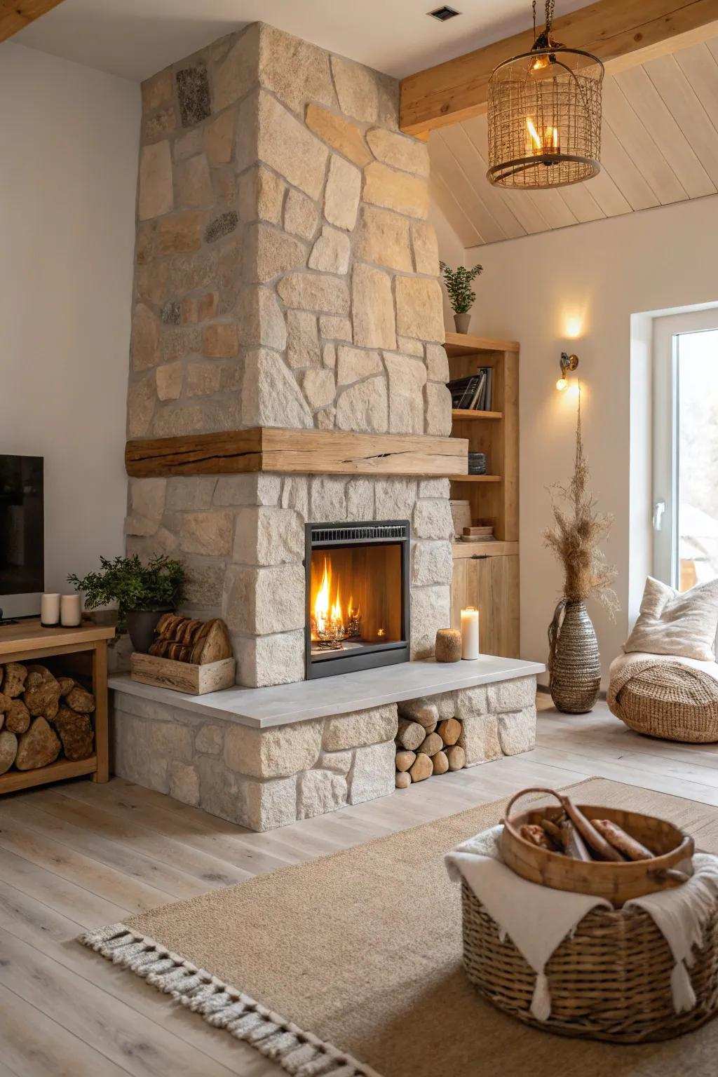 Add depth and texture with ageless stone accents. #EarthTones #CozyLiving