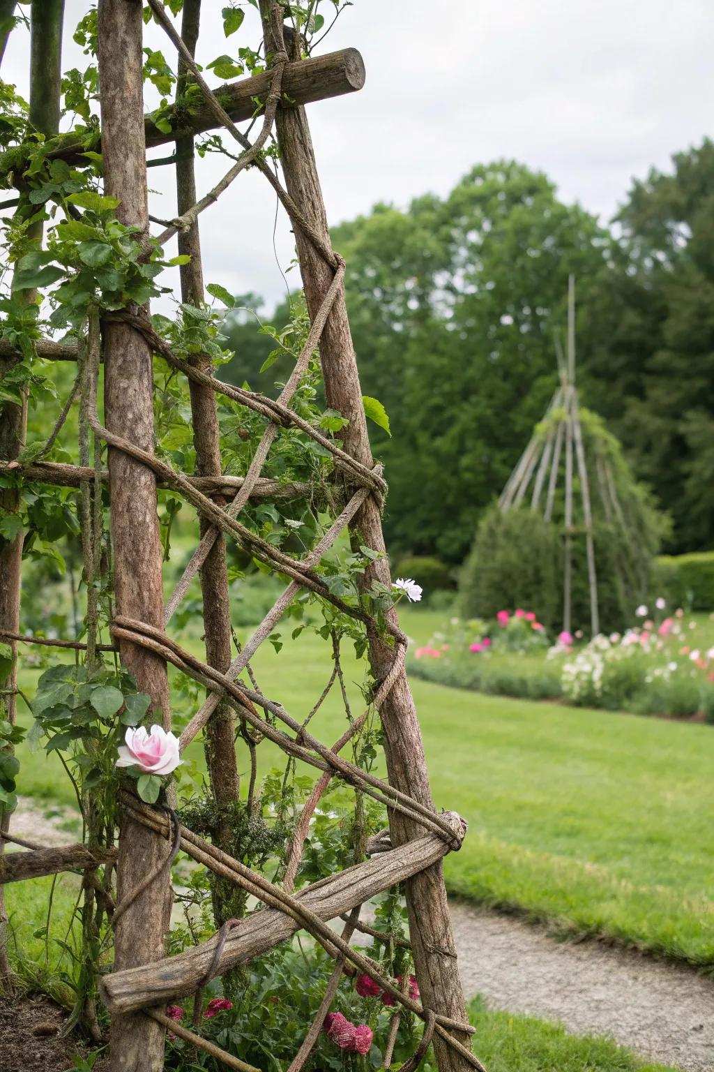 Add rustic charm with a branch and cord lattice.