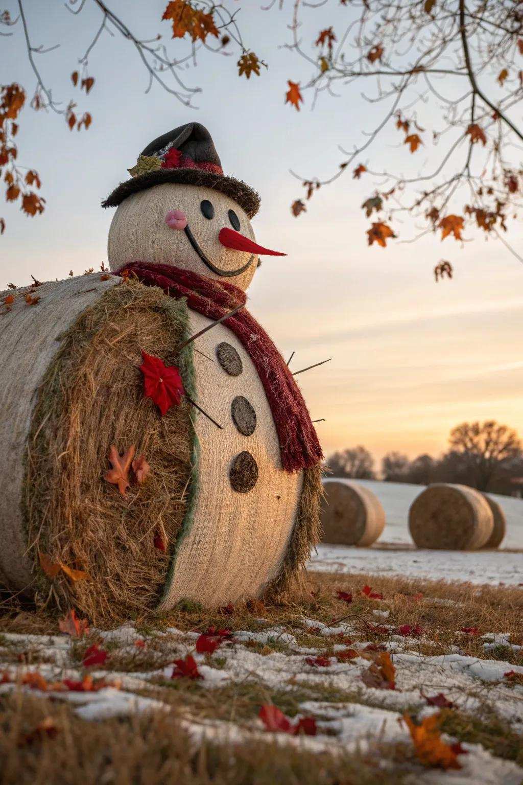 Advance in the winter mood by designing a cheerful snowman from hay bales.