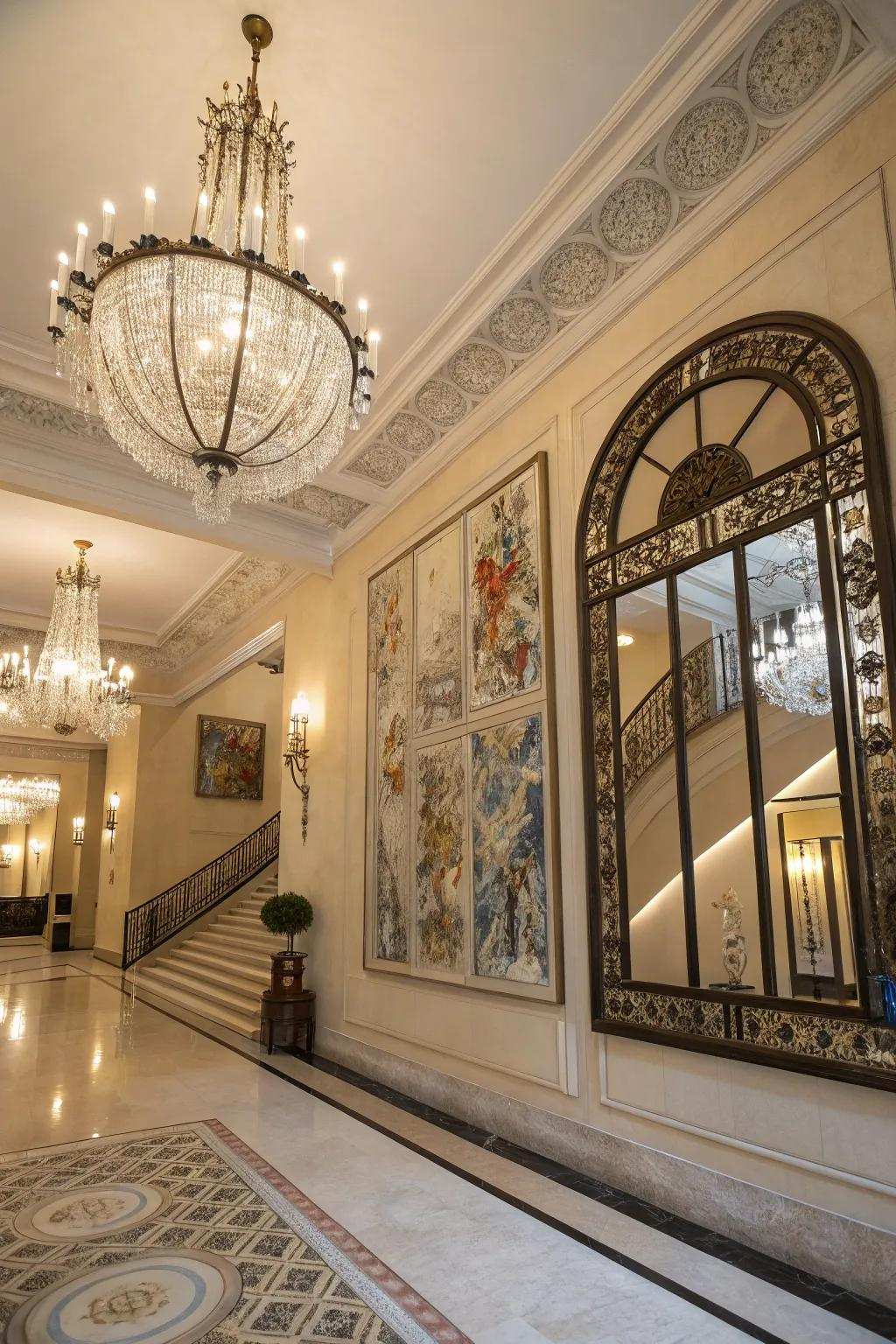 Aesthetic canvases and ornamental reflectors enhance the visual allure of a grand entryway.
