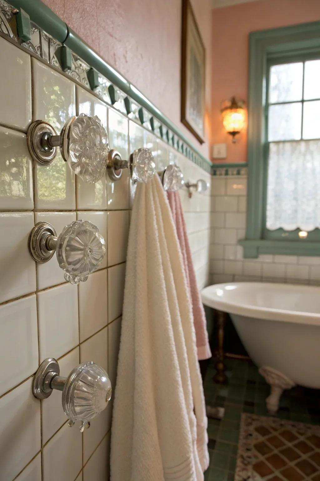 Aged glass fixtures provide an aged touch and sophistication.