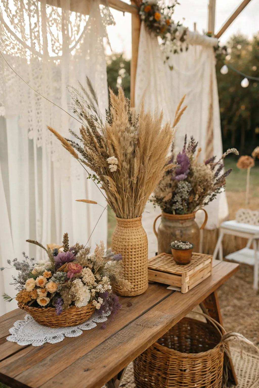 Ageless preserved blossom arrangements for a sustainable boho wedding.